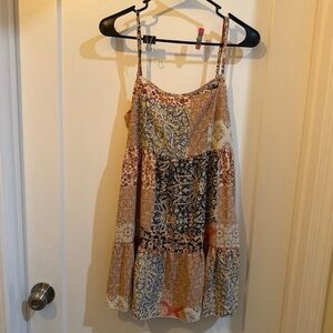 Altar'd State Patchwork Print Spaghetti Strap Tank Dress in Tan, Cream, Blue